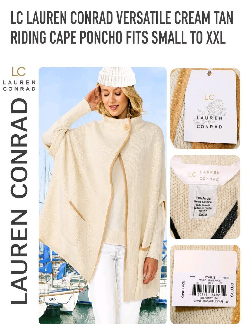 Lauren Conrad Versatile Cream Tan Riding Cape Cozy Poncho Fits Small To XXL New - Picture 7 of 9